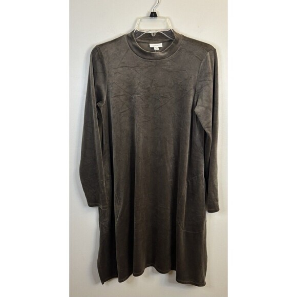 J JILL Mocha Dipped Hem Crushed Velour Dress Women Small Velvet Pockets Winter - Picture 2 of 13